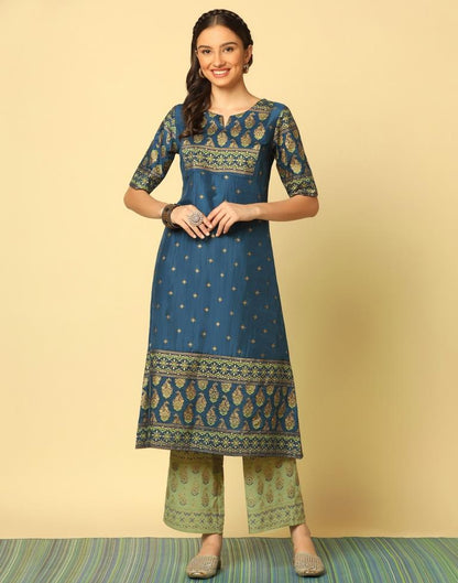 Teal Blue Printed Kurta With Pant And Dupatta