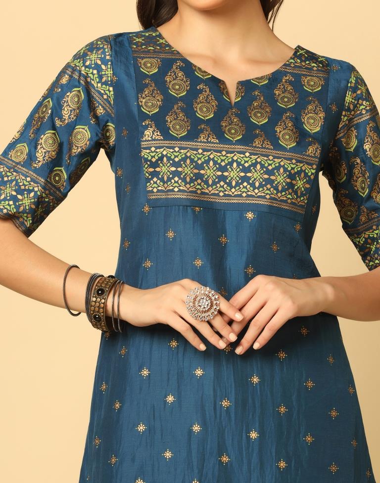 Teal Blue Printed Kurta With Pant And Dupatta