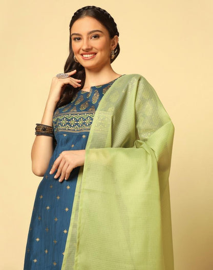 Teal Blue Printed Kurta With Pant And Dupatta