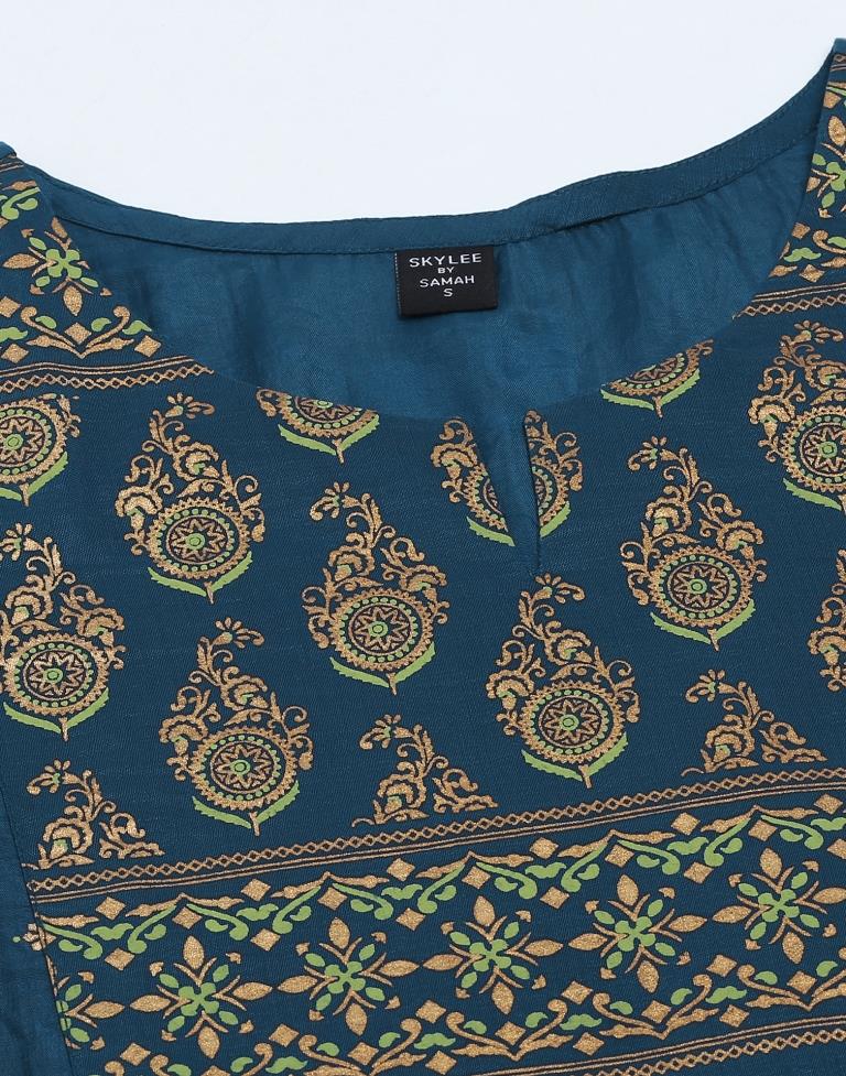 Teal Blue Printed Kurta With Pant And Dupatta