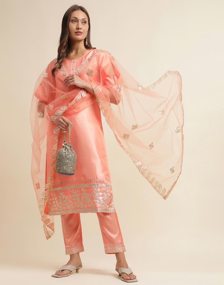 Peach Embroidery Silk Straight Kurta With Pant And Dupatta