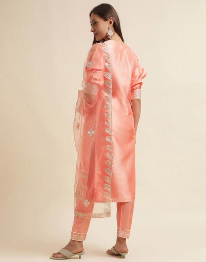 Peach Embroidery Silk Straight Kurta With Pant And Dupatta