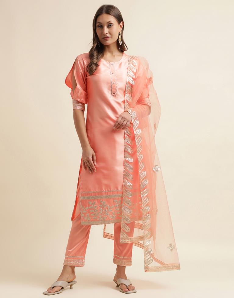 Peach Embroidery Silk Straight Kurta With Pant And Dupatta