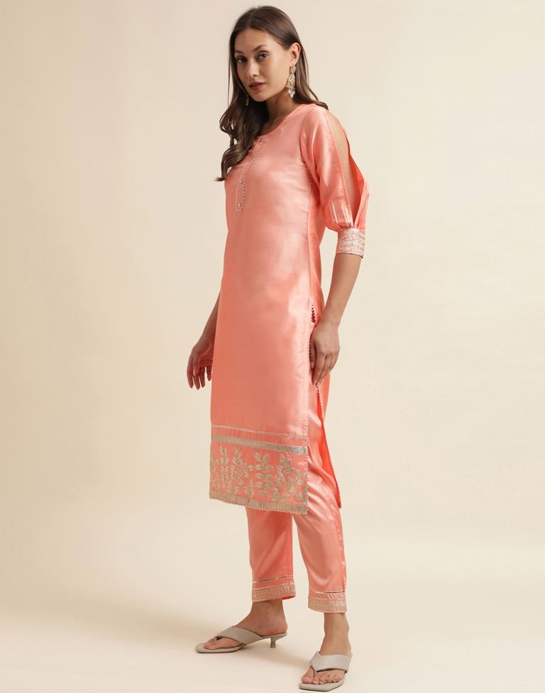 Peach Embroidery Silk Straight Kurta With Pant And Dupatta