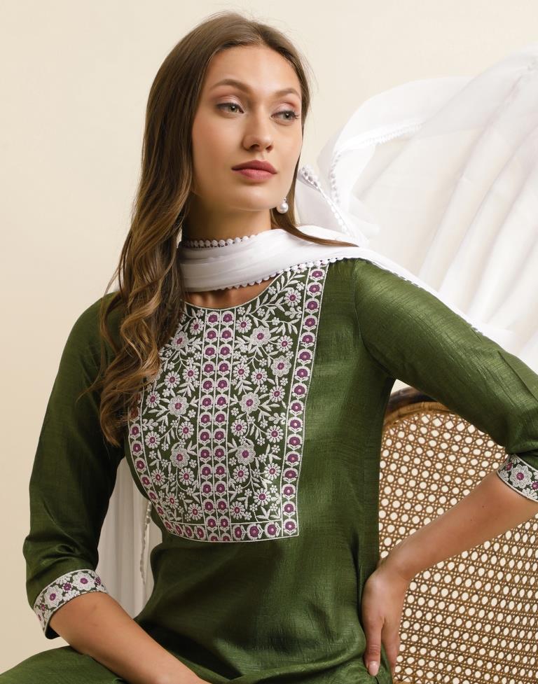 Green Printed Kurta With Pant And Dupatta