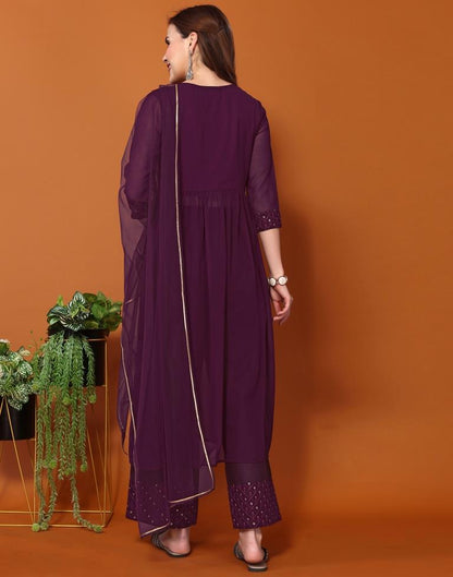 Wine Georgette Embroidery Flared Kurta Kurti With Pant And Dupatta | Leemboodi