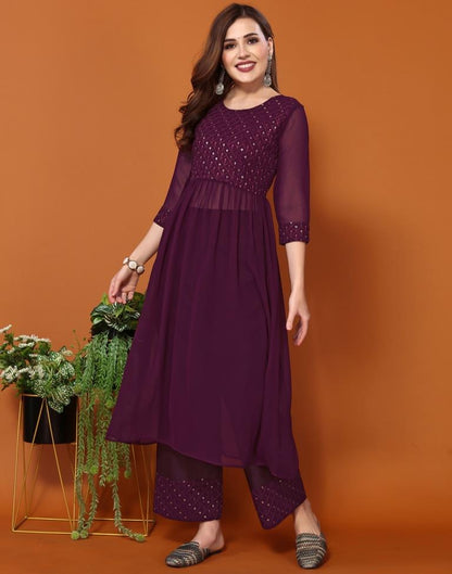 Wine Georgette Embroidery Flared Kurta Kurti With Pant And Dupatta | Leemboodi