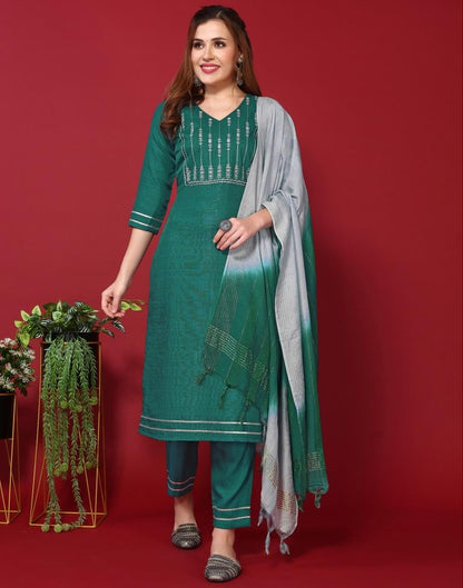 Rama Green Silk Embroidery Straight Kurta Kurti With Pant And Dupatta | Sudathi