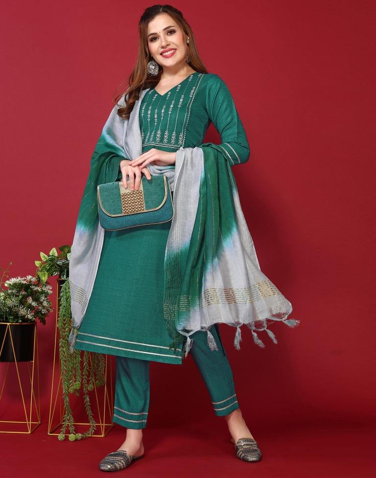 Rama Green Silk Embroidery Straight Kurta Kurti With Pant And Dupatta | Sudathi