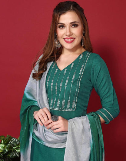 Rama Green Silk Embroidery Straight Kurta Kurti With Pant And Dupatta | Sudathi