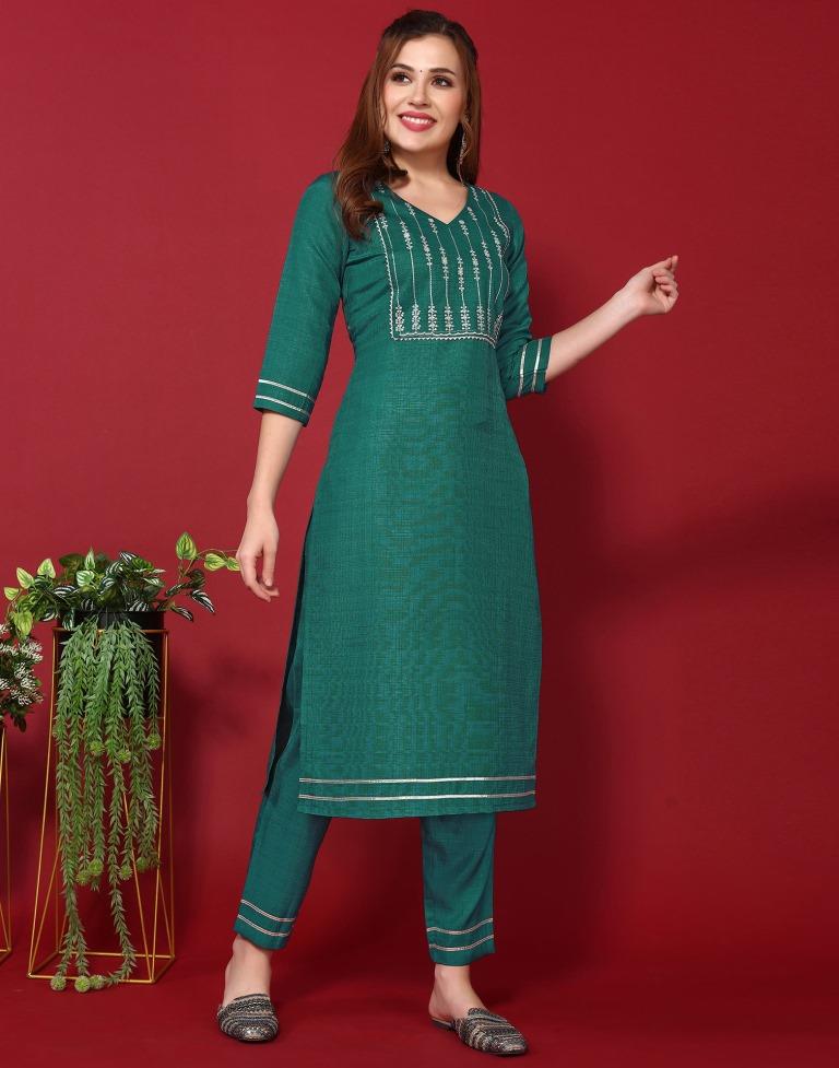 Rama Green Silk Embroidery Straight Kurta Kurti With Pant And Dupatta | Sudathi