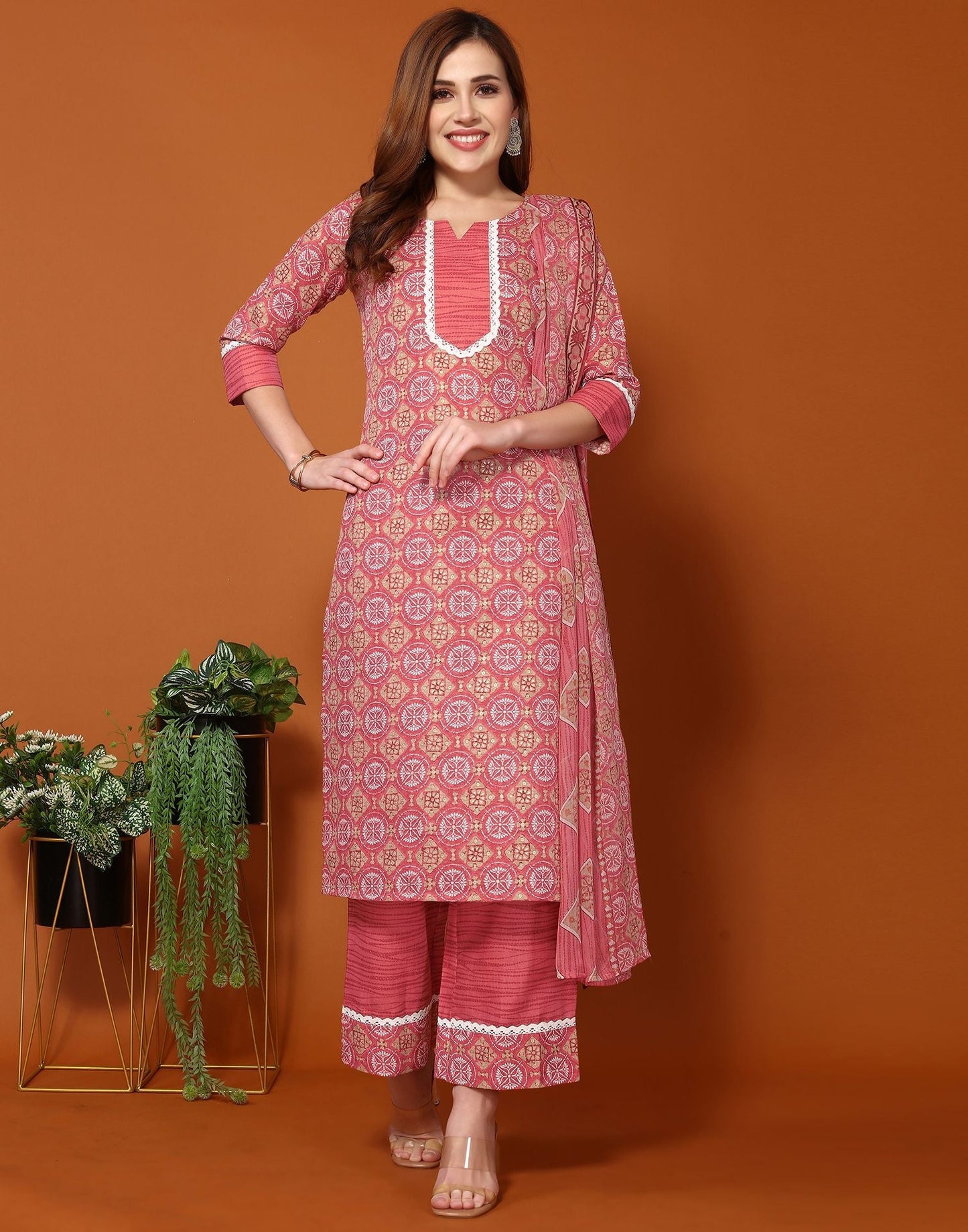 Pink Printed Cotton Straight Kurta With Pant And Dupatta | Sudathi