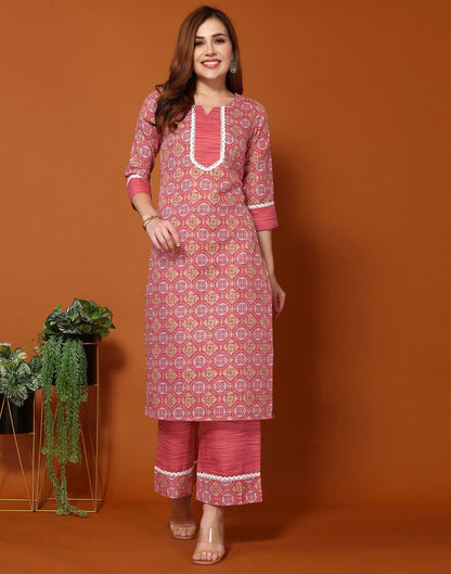 Pink Printed Cotton Straight Kurta With Pant And Dupatta | Sudathi