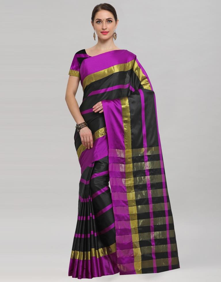 Black Coloured Poly Silk Strips Casual Saree | Sudathi