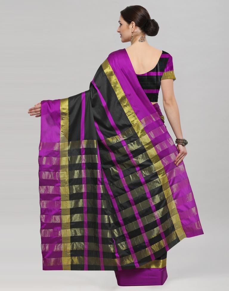 Black Coloured Poly Silk Strips Casual Saree | Sudathi