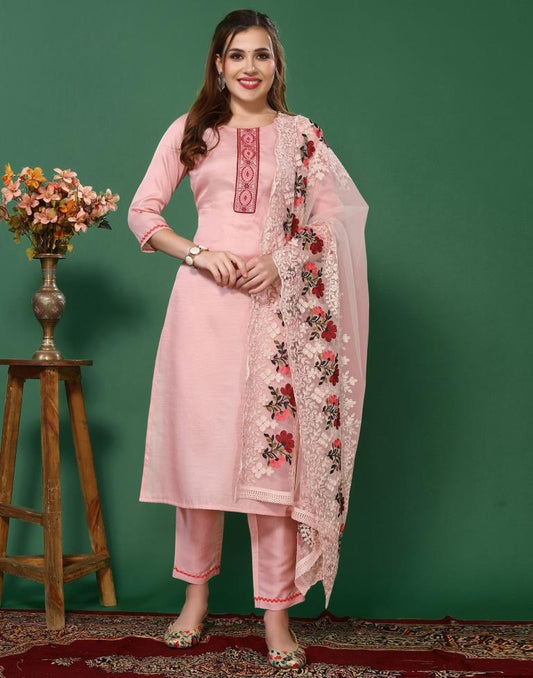 Light Pink Embroidered Kurta With Pant And Dupatta