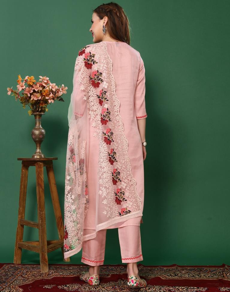 Light Pink Embroidered Kurta With Pant And Dupatta