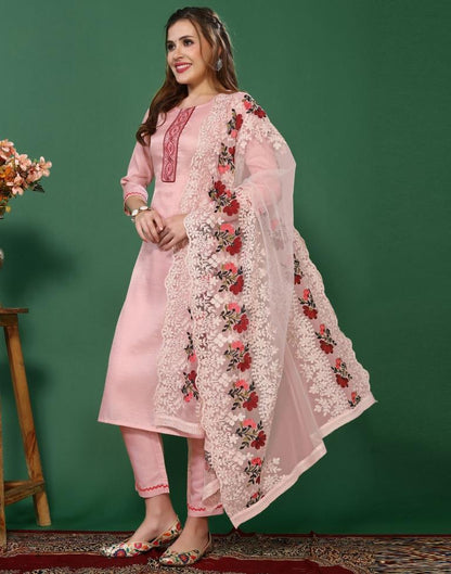 Light Pink Embroidered Kurta With Pant And Dupatta