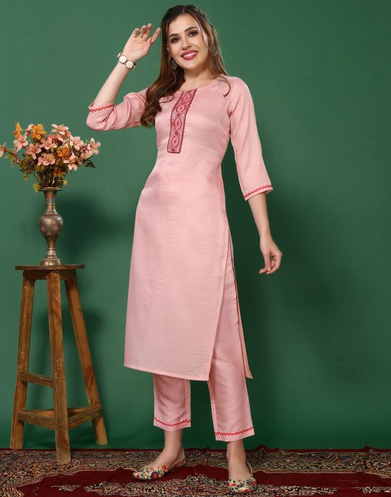 Light Pink Embroidered Kurta With Pant And Dupatta