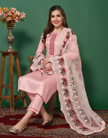 Light Pink Embroidered Kurta With Pant And Dupatta