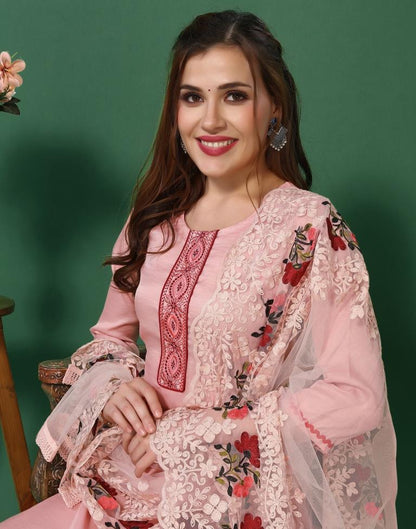 Light Pink Embroidered Kurta With Pant And Dupatta