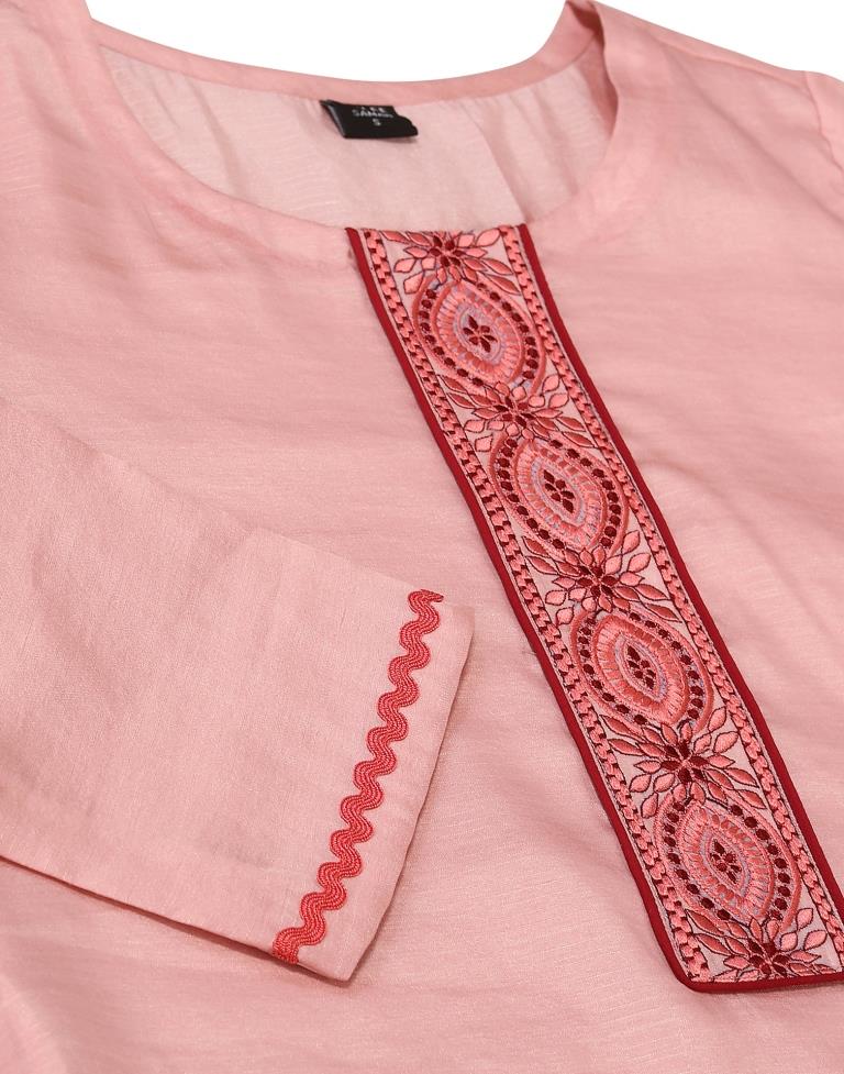 Light Pink Embroidered Kurta With Pant And Dupatta