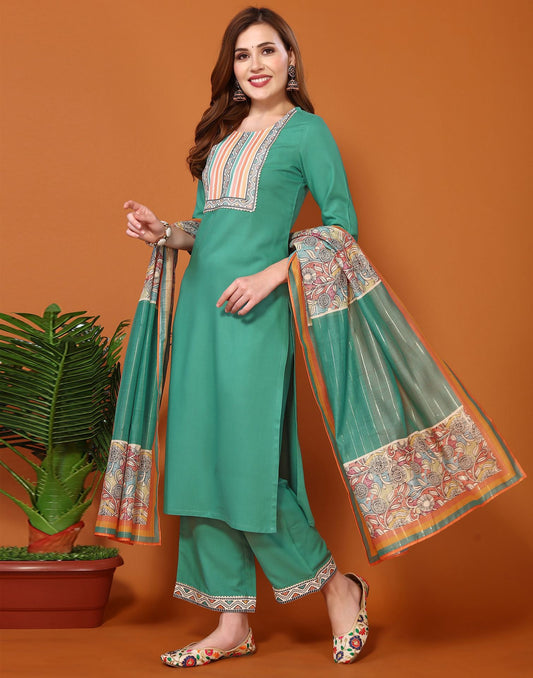 Sea Green Plain Cotton Straight Kurta With Pant And Dupatta