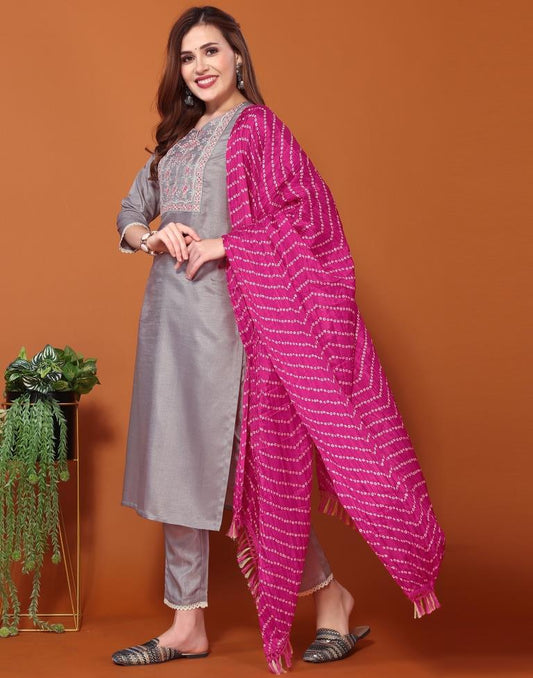 Grey Embroidered Kurta With Pant And Dupatta