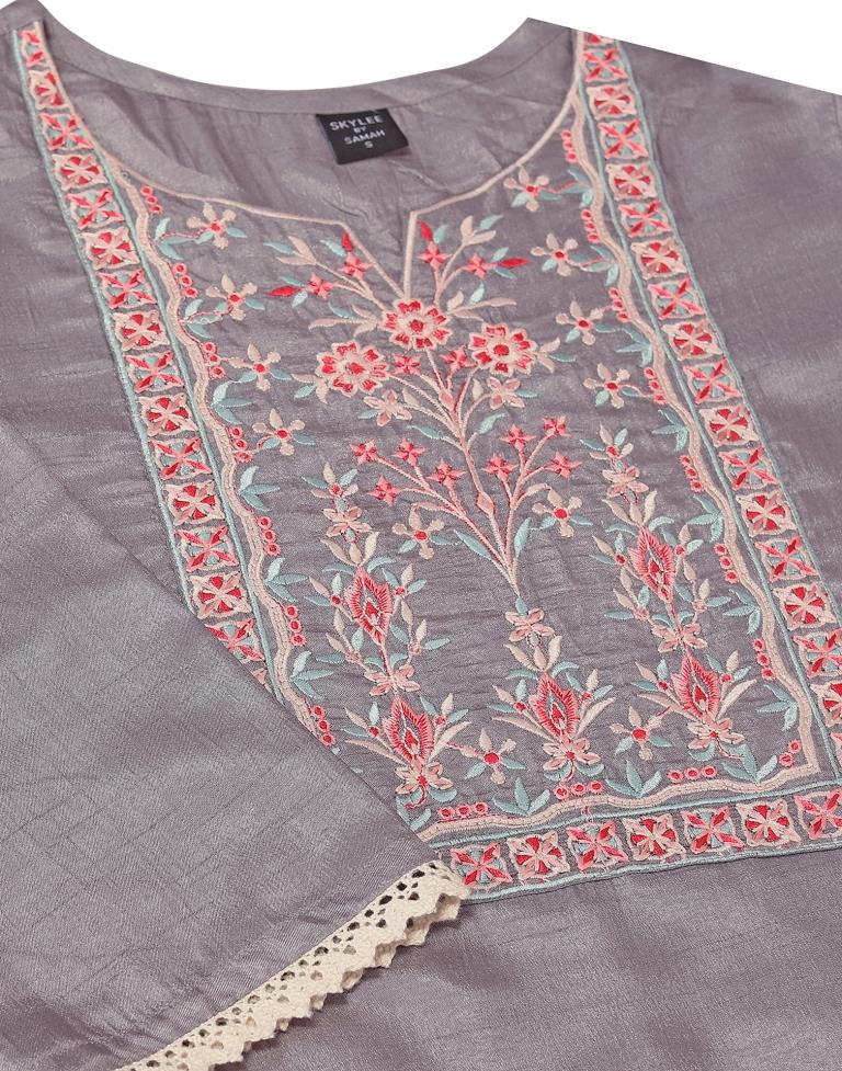 Grey Embroidered Kurta With Pant And Dupatta