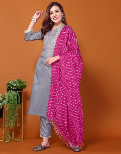 Grey Embroidered Kurta With Pant And Dupatta