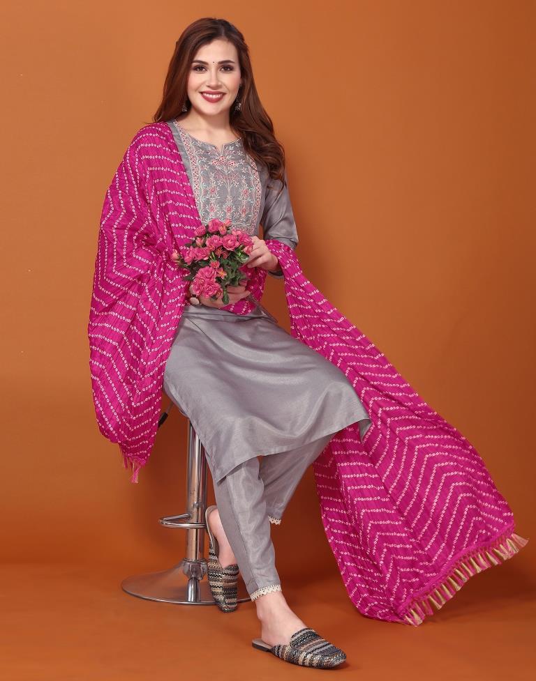 Grey Embroidered Kurta With Pant And Dupatta