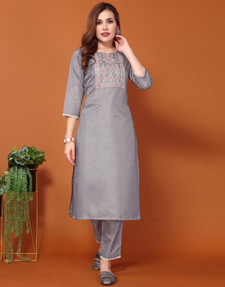 Grey Embroidered Kurta With Pant And Dupatta