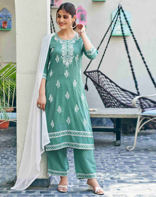 Turquoise Plain Chinnon Straight Kurta With Pant And Dupatta