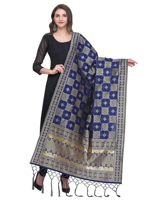 Graceful Navy Blue Coloured Poly Silk (Banarasi Silk) Jacquard Dupatta | Sudathi