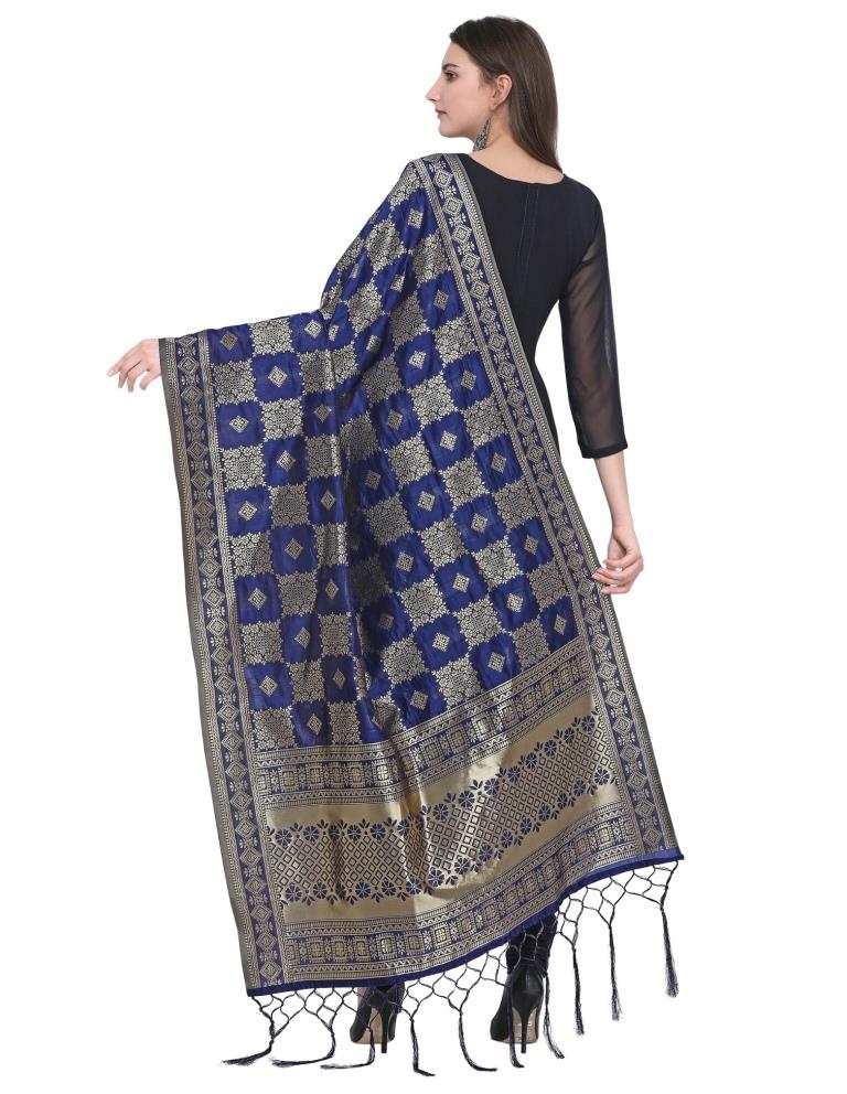 Graceful Navy Blue Coloured Poly Silk (Banarasi Silk) Jacquard Dupatta | Sudathi