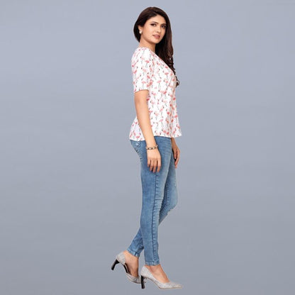 White Coloured Poly Rayon Printed Top | Sudathi