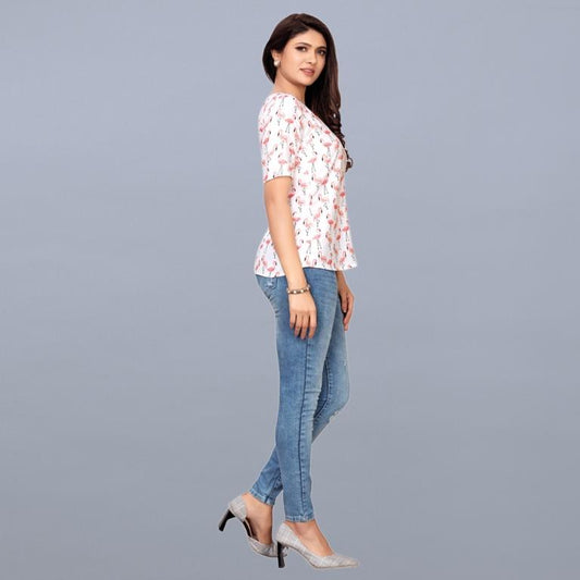 White Coloured Poly Rayon Printed Top | Sudathi