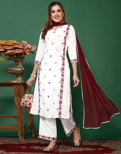 White Embroidered Kurta With Pant And Dupatta