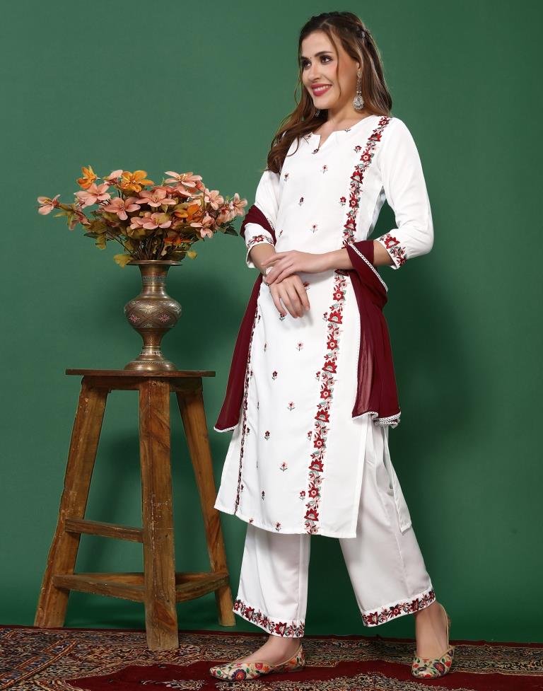 White Embroidered Kurta With Pant And Dupatta