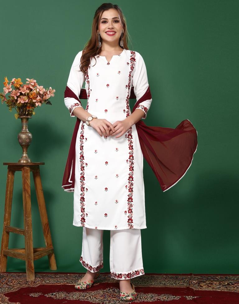 White Embroidered Kurta With Pant And Dupatta