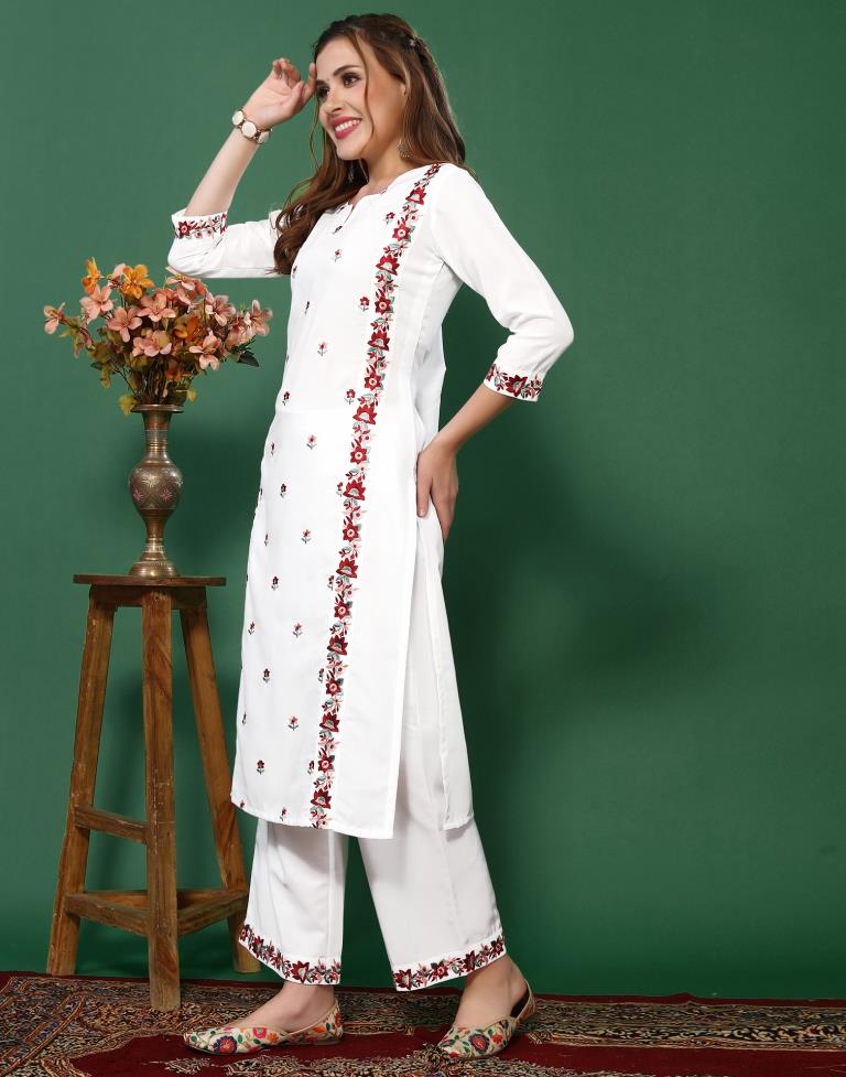 White Embroidered Kurta With Pant And Dupatta