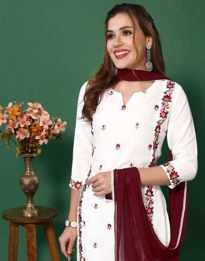 White Embroidered Kurta With Pant And Dupatta