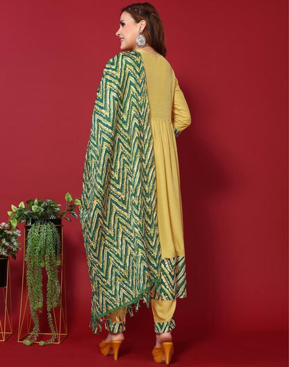 Yellow Chinnon Embroidery A-Line Kurta With Pant And Dupatta