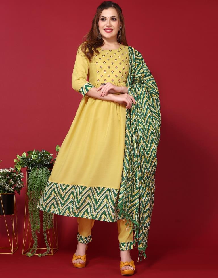 Yellow Chinnon Embroidery A-Line Kurta With Pant And Dupatta