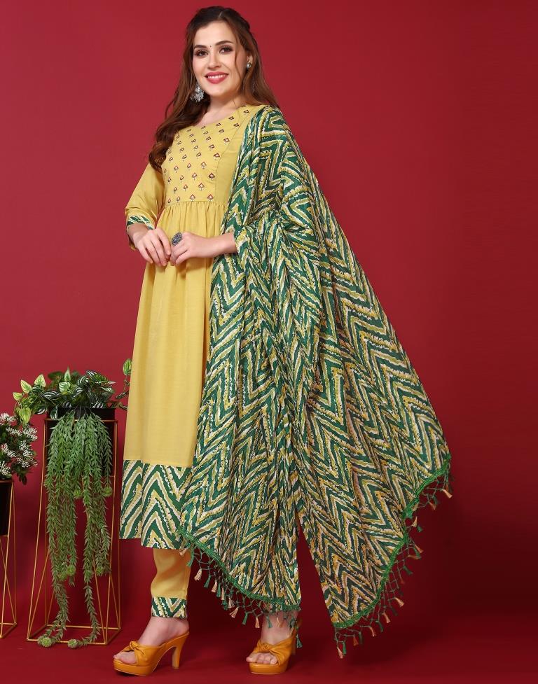 Yellow Chinnon Embroidery A-Line Kurta With Pant And Dupatta