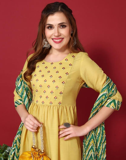 Yellow Chinnon Embroidery A-Line Kurta With Pant And Dupatta