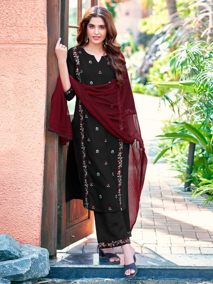 Maroon Rayon Embroidery Flared Kurta Set