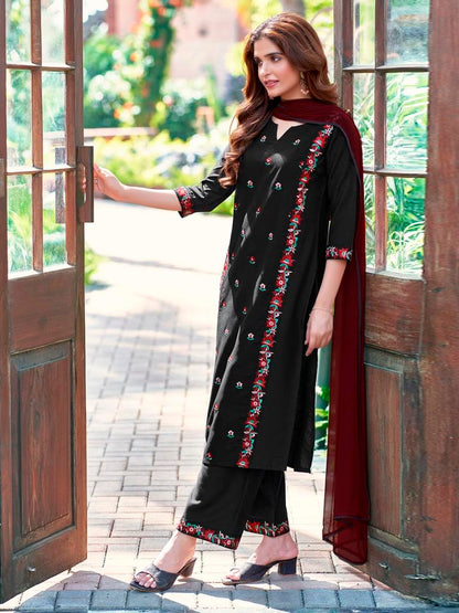 Maroon Rayon Embroidery Flared Kurta Set