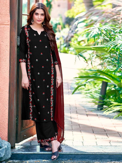 Maroon Rayon Embroidery Flared Kurta Set