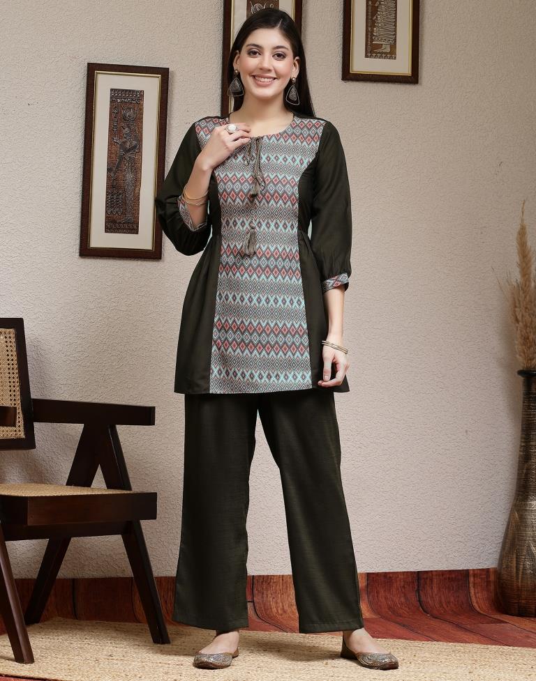 Dark Olive Green Muslin Printed Co-ord Set